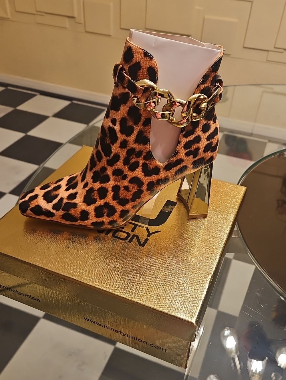 Leopard Print Ankle Boot with Gold Chain & Mirrored Heel